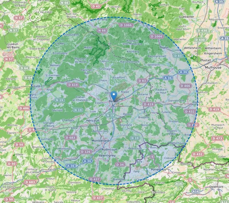 Zone d'intervention 30 km autour de Belfort